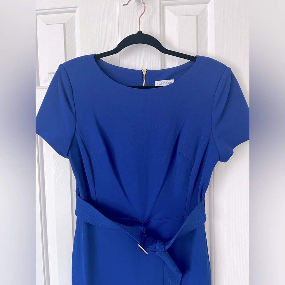 Vibrant royal blue belted Calvin Klein sheath dress